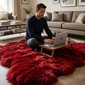 Deep Red Sheepskin Rug, Genuine Sheep Skin Rug, Real Sheepskin Fur Area Rug, Extra Large Wool Rug, Luxury Living Room Rug, Plush Home Decor