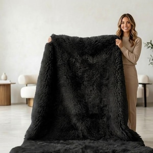 Black Sheepskin Rug, Genuine Sheep Skin Rug, Real Sheepskin Fur Area Rug, Extra Large Wool Rug, Plush Luxury Floor Rug, Modern Home Decor