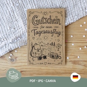 May include: A rectangular tan card featuring black line art illustrations of a backpack, a map, sunglasses, and a camera. The text reads Gutschein für einen Tagesausflug, surrounded by decorative hearts, stars, and a sun, all framed by a border.