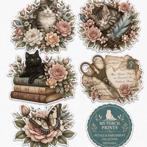 Desenho botânico em aquarela para imprimir. Adesivos vintage com gatos e flores. Imagens de adesivos em estilo vintage com gatos, flores e pássaros.