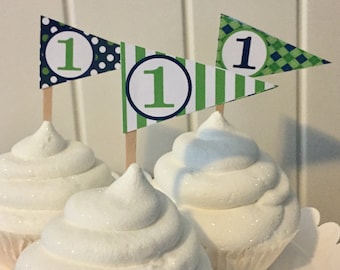 PREPPY GOLF Happy Birthday or Baby Shower Pennant Cupcake Toppers - Lime Green Navy - Set of 12 {One Dozen} - Party Packs Available