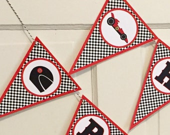 RACE CAR Baby Shower or Happy Birthday Banner Black and Red - Party Packs Available