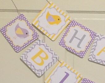 LITTLE BIRDIE Happy Birthday or Baby Shower Party Banner Yellow Lavender - Party Packs Available