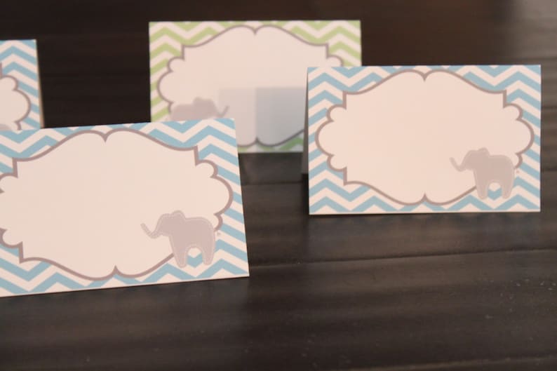 PREPPY CHEVRON ELEPHANT Baby Shower or Happy Birthday Buffet Cards Table Tents Food Labels Signs {Set of 8} Party Packs Available