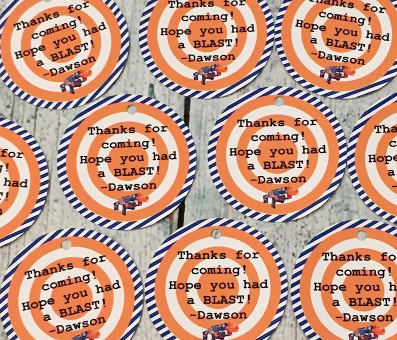 Orange Blue Party Packs Available DART WAR Party Happy Birthday Baby Shower Favor Tags or Stickers 12 {One Dozen}