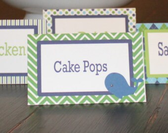 PREPPY WHALE Theme Happy Birthday or Baby Shower Buffet Cards Table Tents Food Labels {Set of 8} Green Blue - Party Packs Available