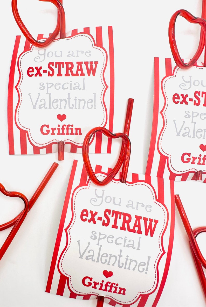 SILLY STRAW Valentine's Day Treat Tags Cards Set of 12 One Dozen Party Packs Available image 2