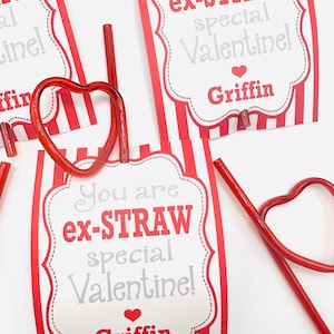 SILLY STRAW Valentine's Day Treat Tags Cards Set of 12 One Dozen Party Packs Available image 1