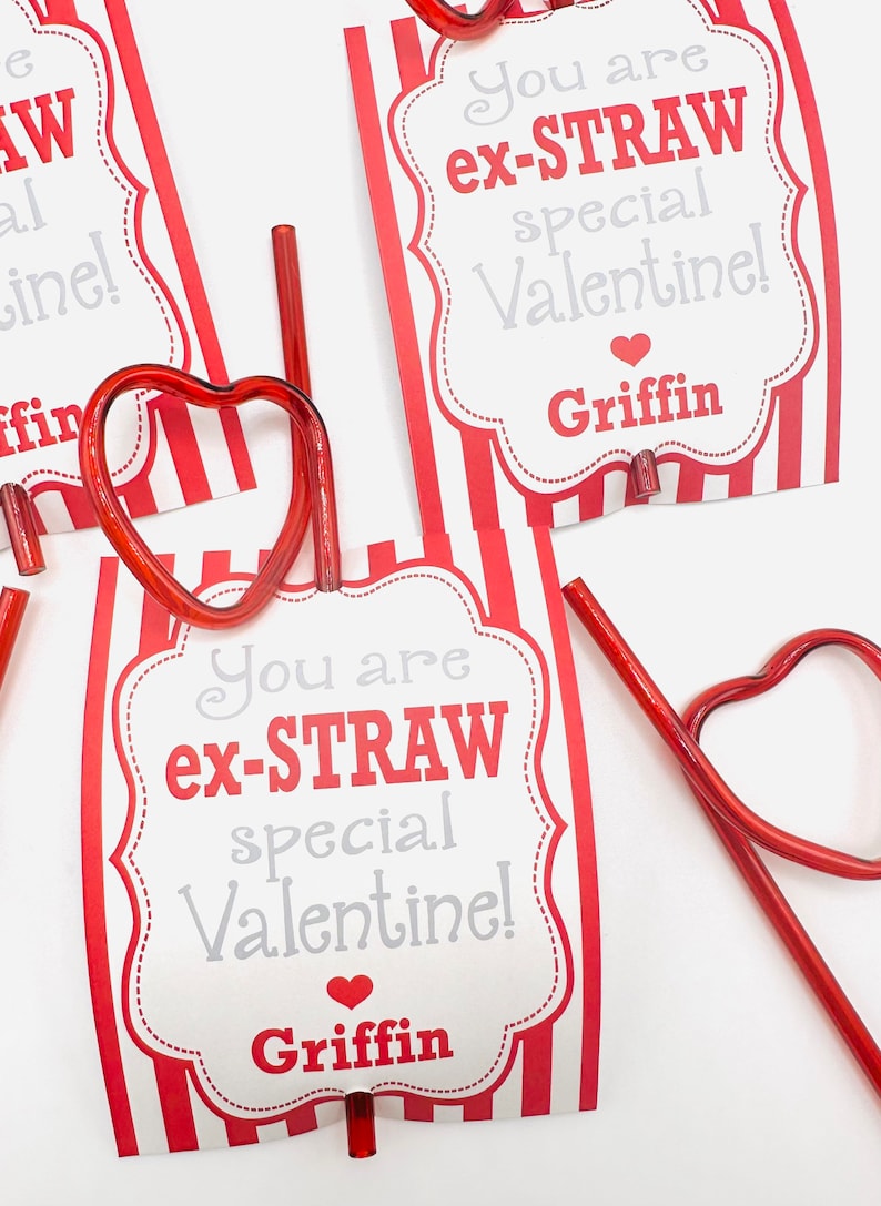 SILLY STRAW Valentine's Day Treat Tags Cards Set of 12 One Dozen Party Packs Available image 1