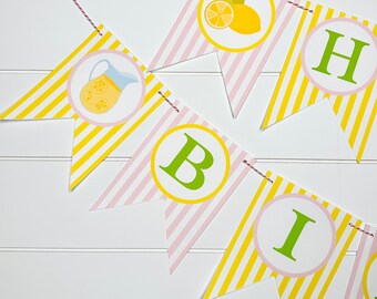 LEMONADE LEMON ADE Happy Birthday or Baby Shower Party Banner - Pink Yellow  - Party Packs Available