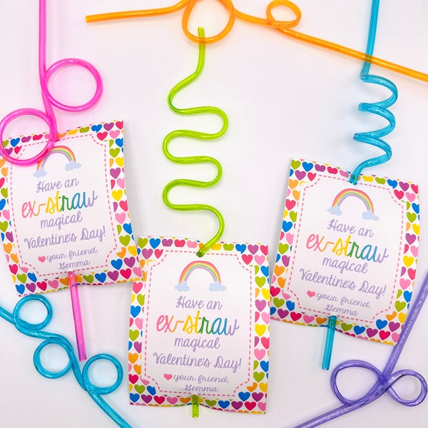 SWEET RAINBOW STRAW Valentine's Day Treat Tags Cards Set of 12 {One Dozen} - Party Packs Available