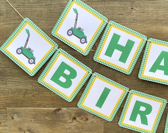 LAWNMOWER Theme Happy Birthday or Baby Shower Party Banner Green Yellow