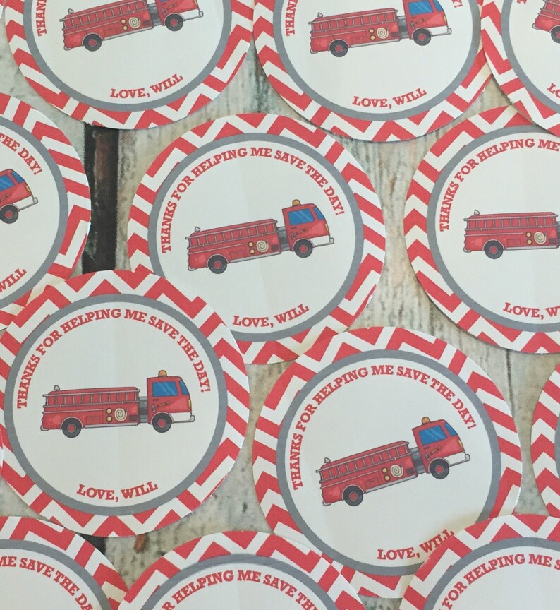 12 Red Black Yellow RED FIRETRUCK Happy Birthday Party or Baby Shower Favor Tags One Dozen Party Packs Available