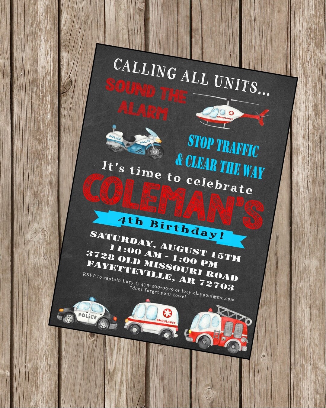 EMERGENCY VEHICLES Birthday Party or Baby Shower Invitations Set of 12