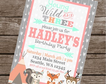 WILD AND THREE Girly Happy Birthday Party or Baby Shower Invitations Set of 12 {1 Dozen}