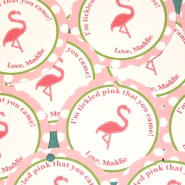 POLKADOT FLAMINGO Happy Birthday or Baby Shower Favor Tags or Stickers One Dozen {Set of 12} Pink Green - Party Packs Available