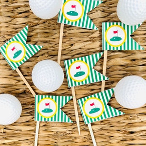 GOLF TOURNAMENT Happy Birthday or Baby Shower Pennant Cupcake Toppers -Green Yellow - Set of 12 {One Dozen}