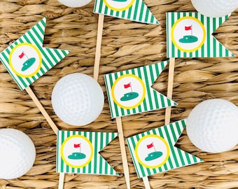 GOLF TOURNAMENT Happy Birthday or Baby Shower Pennant Cupcake Toppers -Green Yellow - Set of 12 {One Dozen}