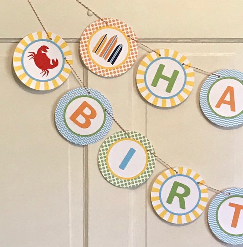 PREPPY BEACH Baby Shower or Happy Birthday Banner Blue Orange Yellow Party Packs Available