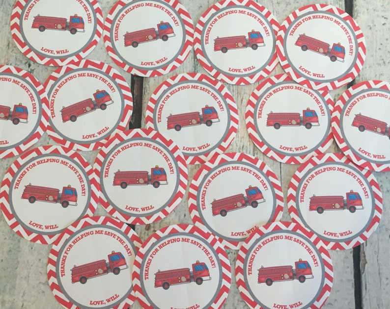 12 Red Black Yellow RED FIRETRUCK Happy Birthday Party or Baby Shower Favor Tags One Dozen Party Packs Available