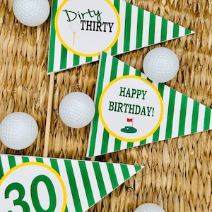 DIRTY THIRTY Golf Theme Happy Birthday or Baby Shower Centerpiece Flags Pennants - {Set of 3} - Party Packs Available- Party Packs Available