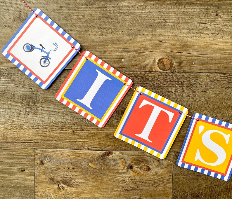 Red Yellow Blue TRICYCLE It\u2019s A Boy Happy Birthday or Baby Shower Party Banner Party Packs Available