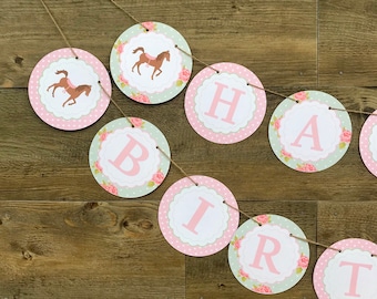 SHABBY CHIC Horse Happy Birthday or Baby Shower Banner - Party Packs Available - Green Pink