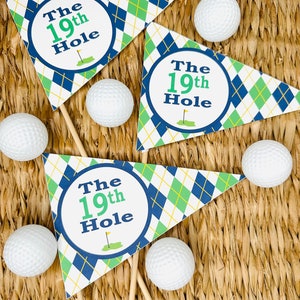 PREPPY ARGYLE GOLF The 19th Hole Centerpiece Flags Pennants - {Set of 3} - Party Packs Available- Party Packs Available