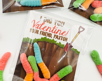 I DIG YOU Gummy Worm Valentine's Day Treat Tags Cards Set of 12 {One Dozen} - Party Packs Available