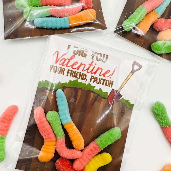 I DIG YOU Gummy Worm Valentine's Day Treat Tags Cards Set of 12 {One Dozen} - Party Packs Available