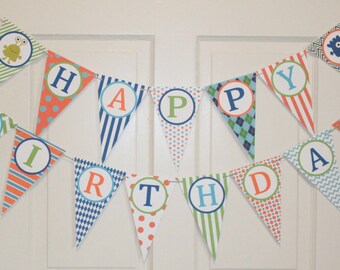 LITTLE MONSTER  Happy Birthday or Baby Shower Party Banner Blue Orange Green - Party Packs Available