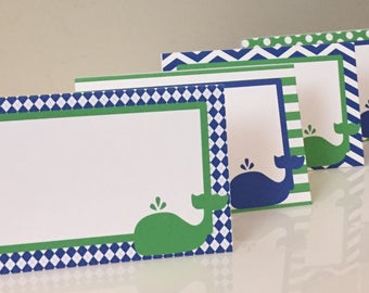 CUTE WHALE Theme Happy Birthday or Baby Shower Buffet Cards Table Tents Food Labels {Set of 8} Green Blue - Party Packs Available