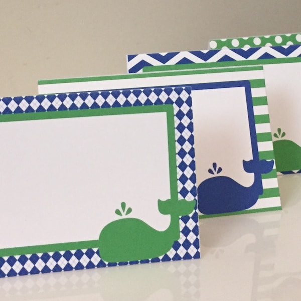 CUTE WHALE Theme Happy Birthday or Baby Shower Buffet Cards Table Tents Food Labels {Set of 8} Green Blue - Party Packs Available