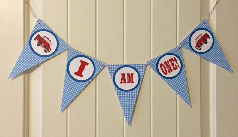 GINGHAM VINTAGE TRUCK Highchair Banner 1st Birthday Party I am One Blue Red Party Packs Available image 1