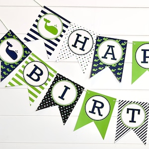 PREPPY WHALE Theme Happy Birthday or Baby Shower Banner Blue Green - Party Packs Available