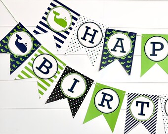 PREPPY WHALE Theme Happy Birthday or Baby Shower Banner Blue Green - Party Packs Available