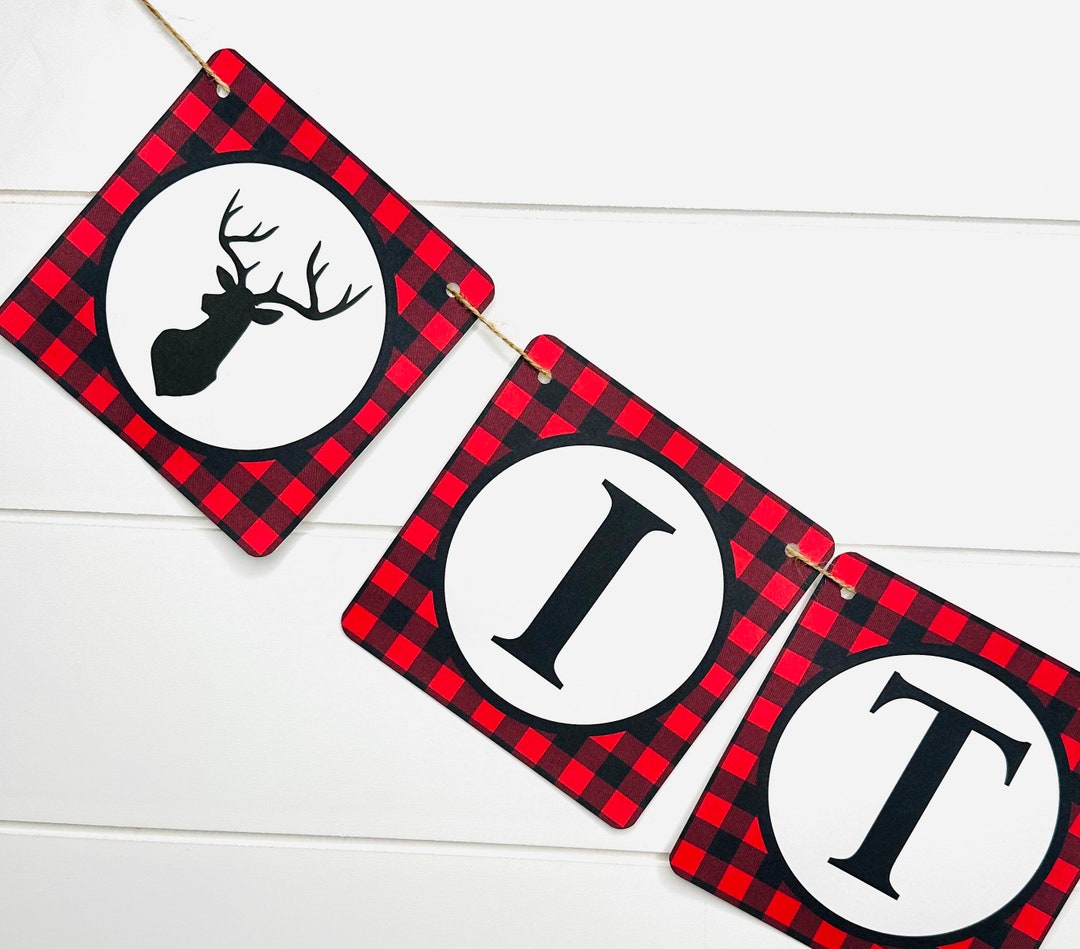 Buffalo Plaid Antlers Birthday or Baby Shower Banner Red Black Party ...
