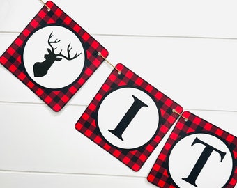 Buffalo  Plaid Antlers Birthday or Baby Shower Banner Red Black - Party Packs Available