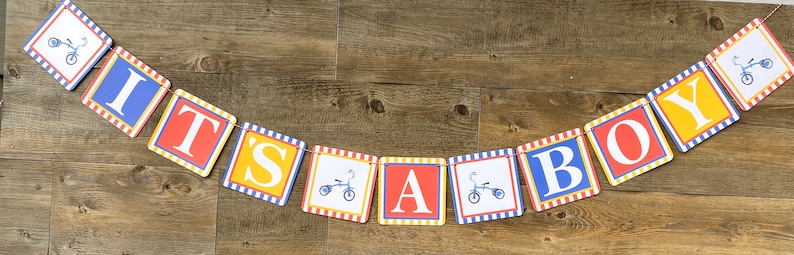 Red Yellow Blue TRICYCLE It\u2019s A Boy Happy Birthday or Baby Shower Party Banner Party Packs Available
