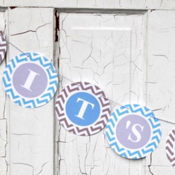 PREPPY CHEVRON ELEPHANT Baby Shower or Happy Birthday Party Banner Blue Grey - Party Packs Available