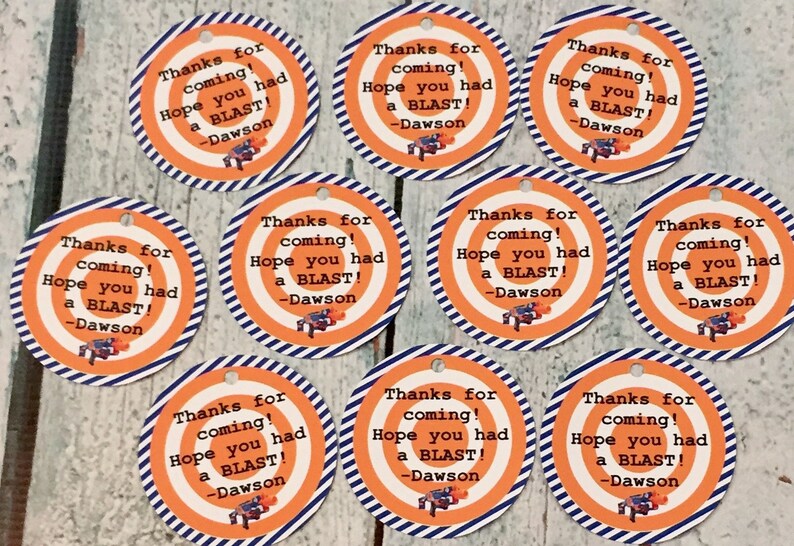 Orange Blue Party Packs Available DART WAR Party Happy Birthday Baby Shower Favor Tags or Stickers 12 {One Dozen}