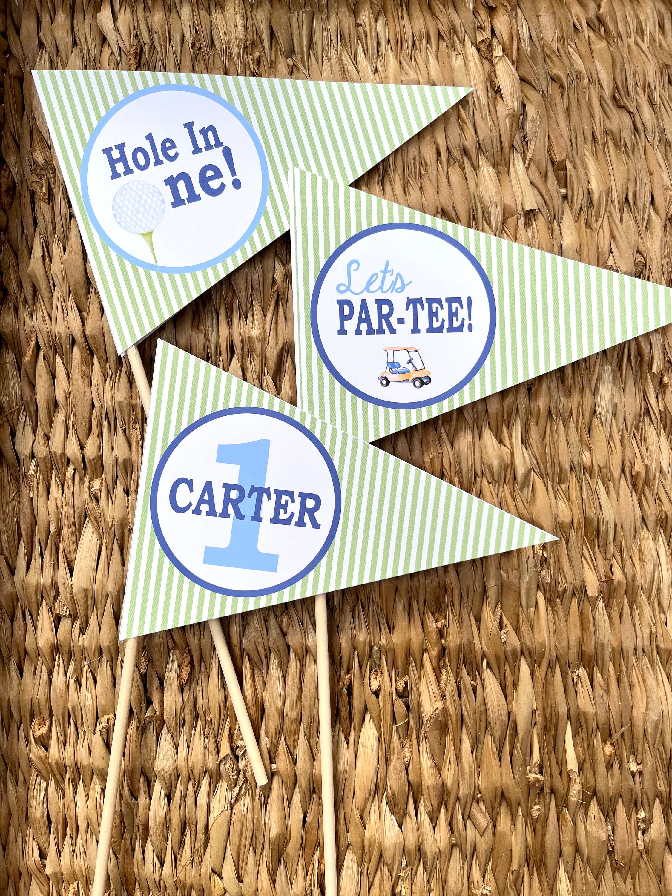 GOLF TOURNAMENT Hole In One Golf Theme Happy Birthday or Baby Shower Centerpiece Flags Pennants - Light Blue Green - {Set of 3} -