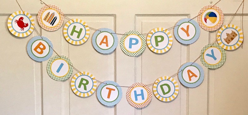 PREPPY BEACH Baby Shower or Happy Birthday Banner Blue Orange Yellow Party Packs Available
