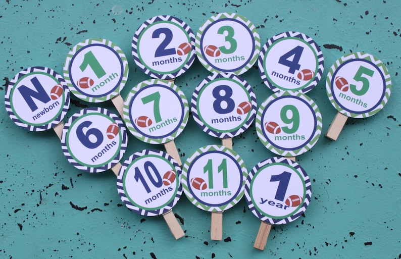 12 months TOUCHDOWN Football Themed 1st Birthday Photo Clips Banner Newborn Party Packs Available