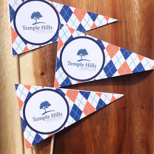 CUSTOM GOLF FLAGS Pick Your Logo and Colors Great For Corporate Events ---Centerpiece Flags Pennants - {Set of 3}