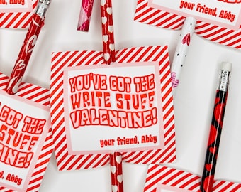 WRITE STUFF Pencil Personalized Class Valentines Day PRINTED Tags for Kids