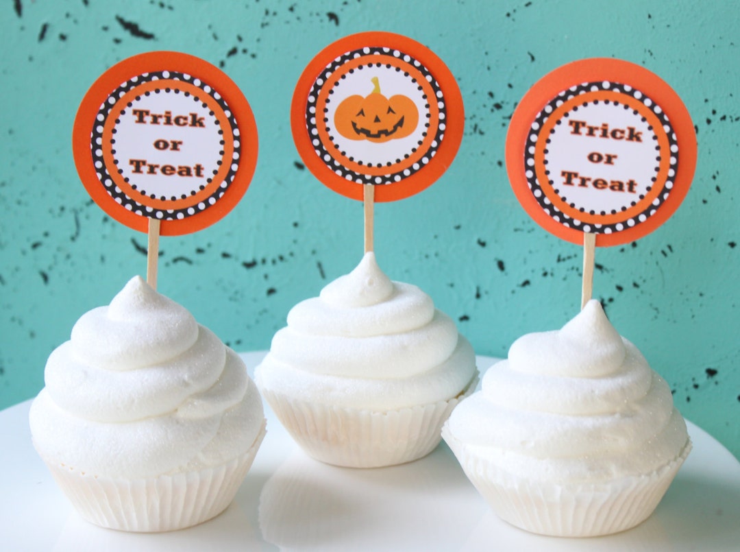 TRICK OR TREAT Halloween Cupcake Toppers 12 One Dozen Orange Etsy