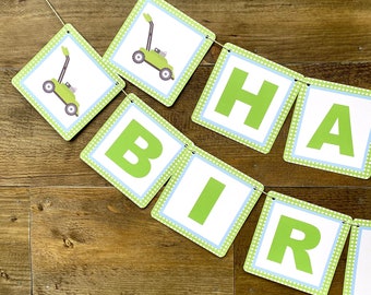 LAWNMOWER Theme Happy Birthday or Baby Shower Party Banner Green Blue - Party Packs Available