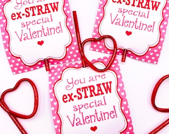 PRINT YOUR OWN Girly Straw Class Valentines Day Tags Printable for Kids Digital Download