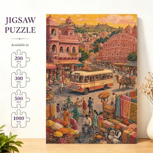 May include: A jigsaw puzzle featuring a vibrant street scene in India with a vintage bus, a camel, and colorful market stalls. The text JIGSAW PUZZLE is displayed alongside icons indicating availability in 200, 300, 500, and 1000 piece counts.